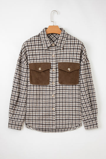 Casual Contrast Soft Corduroy Patchwork Plaid Shacket - eAura