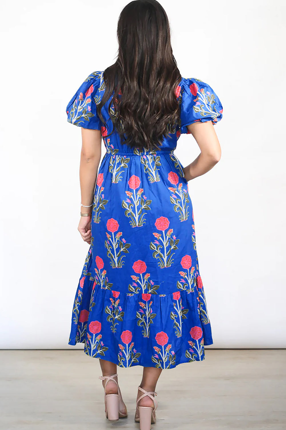 Floral Puff Short Sleeve V Neck High Waist Maxi Dress eAura