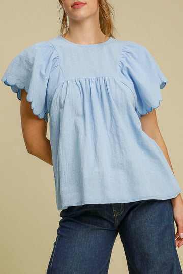 Beau Blue Solid Colour Embroidered Scalloped Sleeves Crew Neck Blouse eAura