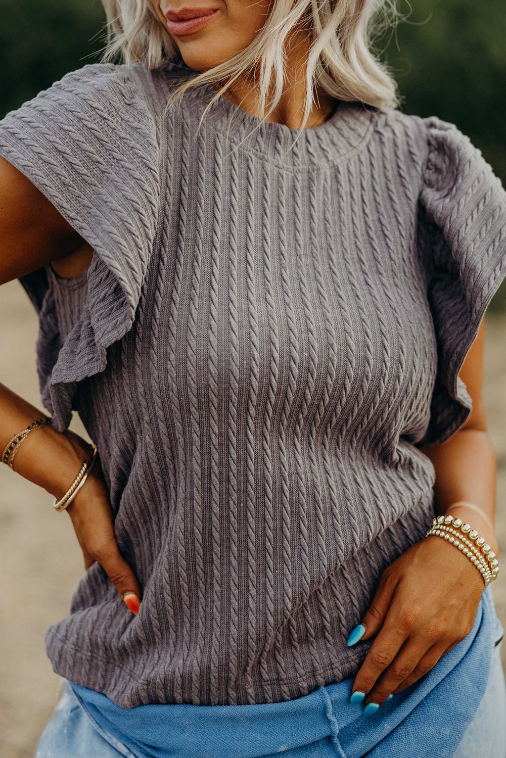 Sleet Solid Colour Textured Flutter Sleeve Top eAura