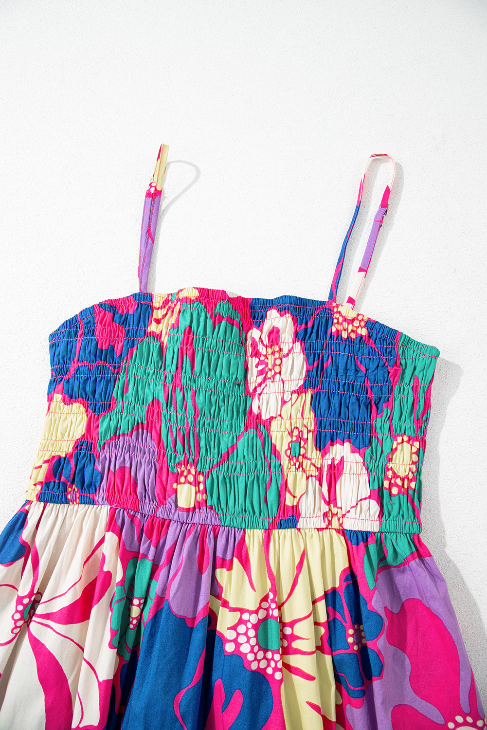 Purple Floral Print Shirred Spaghetti Strap Loose Maxi Dress eAura