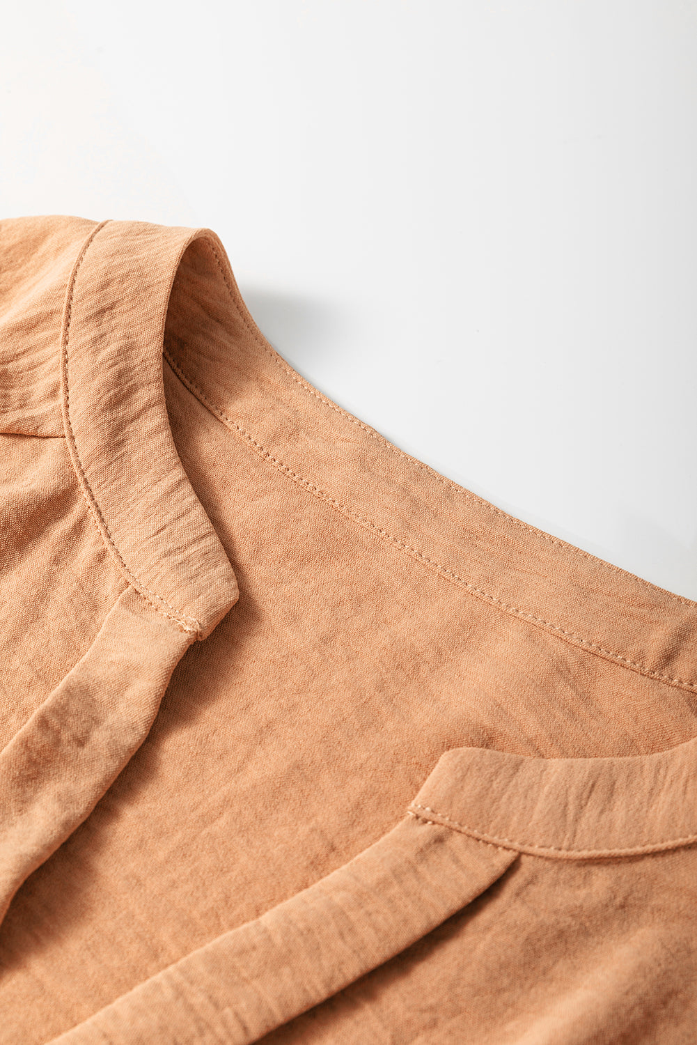 Straw Yellow Solid Colour Shirred Cuff Notch V Neck Blouse eAura