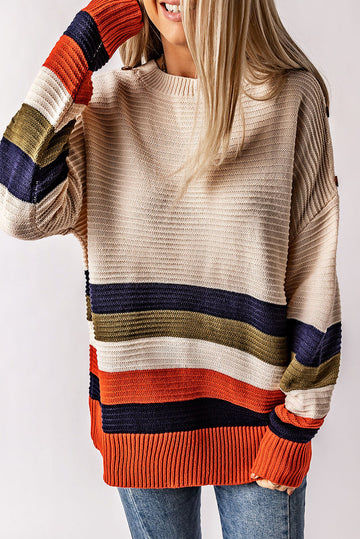 White Buttoned Shoulder Drop Shoulder Striped Sweater eAura