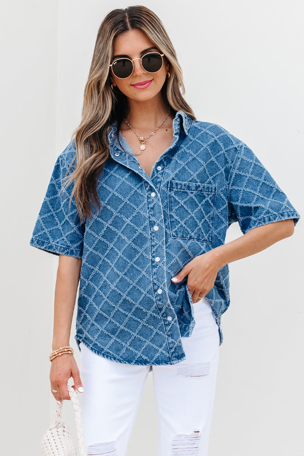 Dusk Blue Checkered Textured Short Sleeve Patched Pocket Denim Shirt eAura