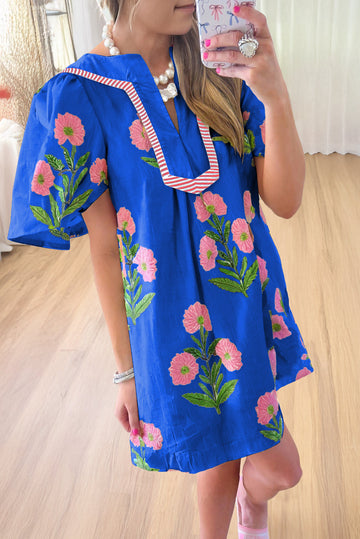 Blue Floral Short Sleeve Split Neck Loose Mini Dress eAura
