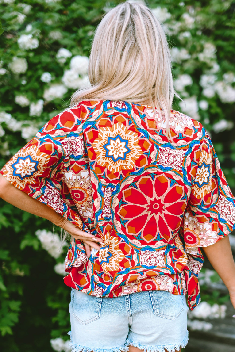 Red Floral Print Batwing Sleeve V Neck Blouse eAura