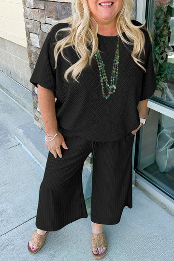 Black Textured Batwing Sleeve Tee Wide Leg Trousers Plus Size Set BB Fashion Outlet