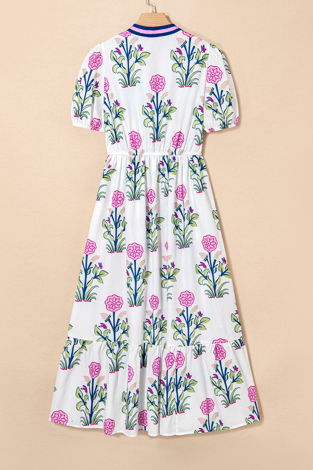 Floral Puff Short Sleeve V Neck High Waist Maxi Dress eAura