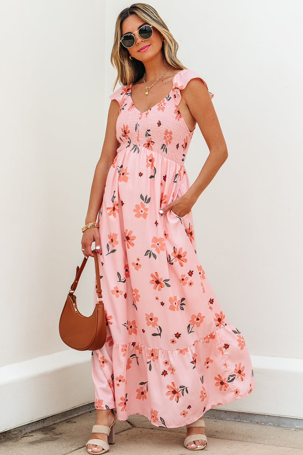 Pink Floral V Neck Smocked Ruffle Hem Maxi Dress eAura