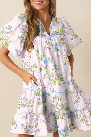 Floral Striped Print Contrast Trim Tie Split Neck Mini Dress eAura