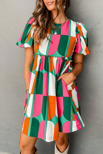 Green Abstract Print Puff Sleeve Short Dress eAura