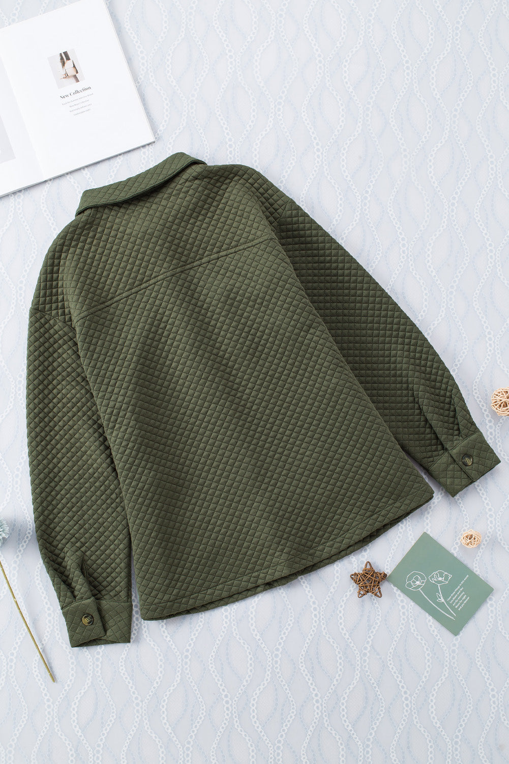 Green Retro Quilted Flap Pocket Button Shacket eAura