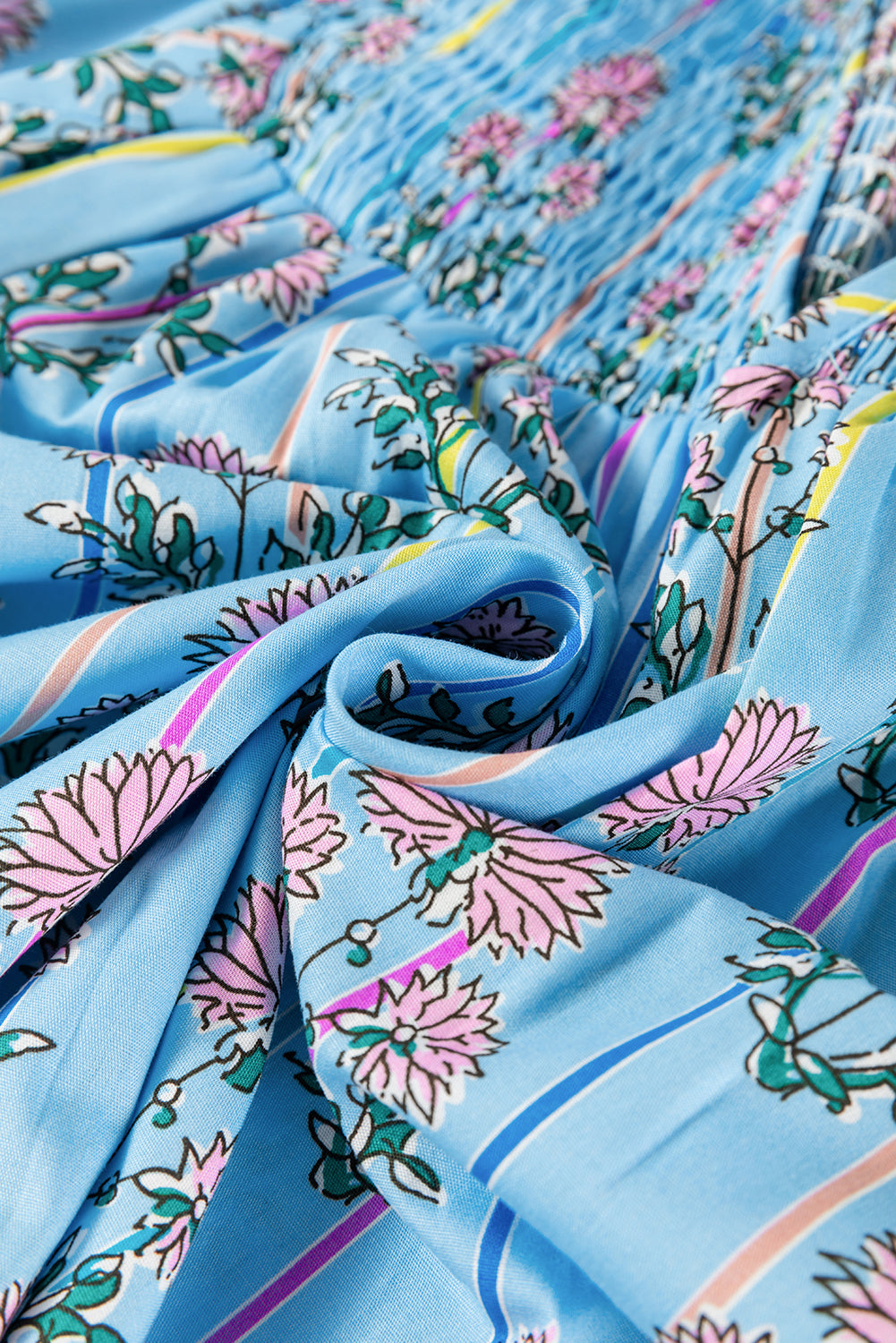 Sky Blue Floral Striped Print Tie Shirred Splie Neck Blouse eAura