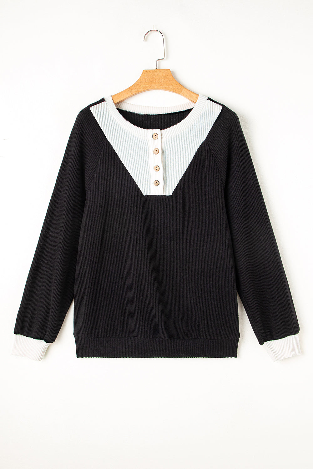 Black Colour Contrast Ribbed Loose Fit Long Sleeve Top eAura