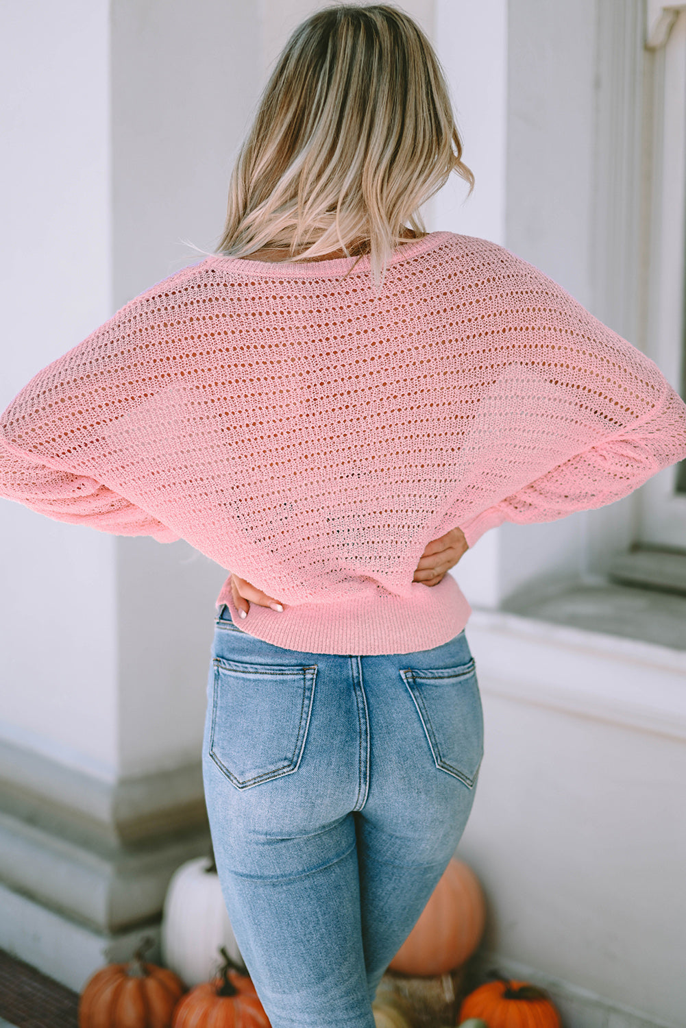Pink Knitted Eyelets Round Neck Long Sleeve Top eAura