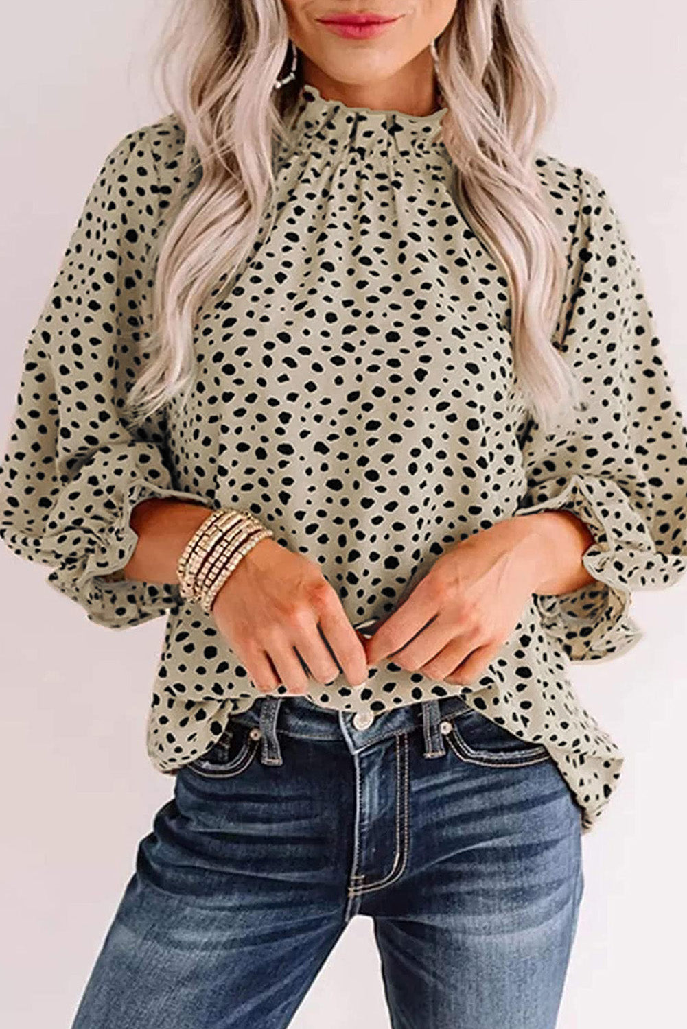Khaki Frilled Neck 3/4 Sleeves Cheetah Blouse eAura