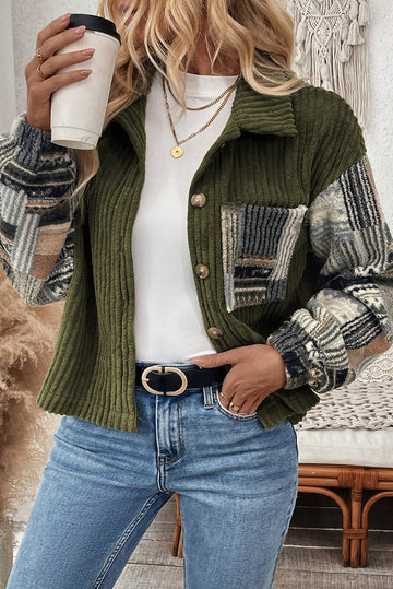 Green Ribbed Fleece Plaid Print Patchwork Button Up Jacket - eAura