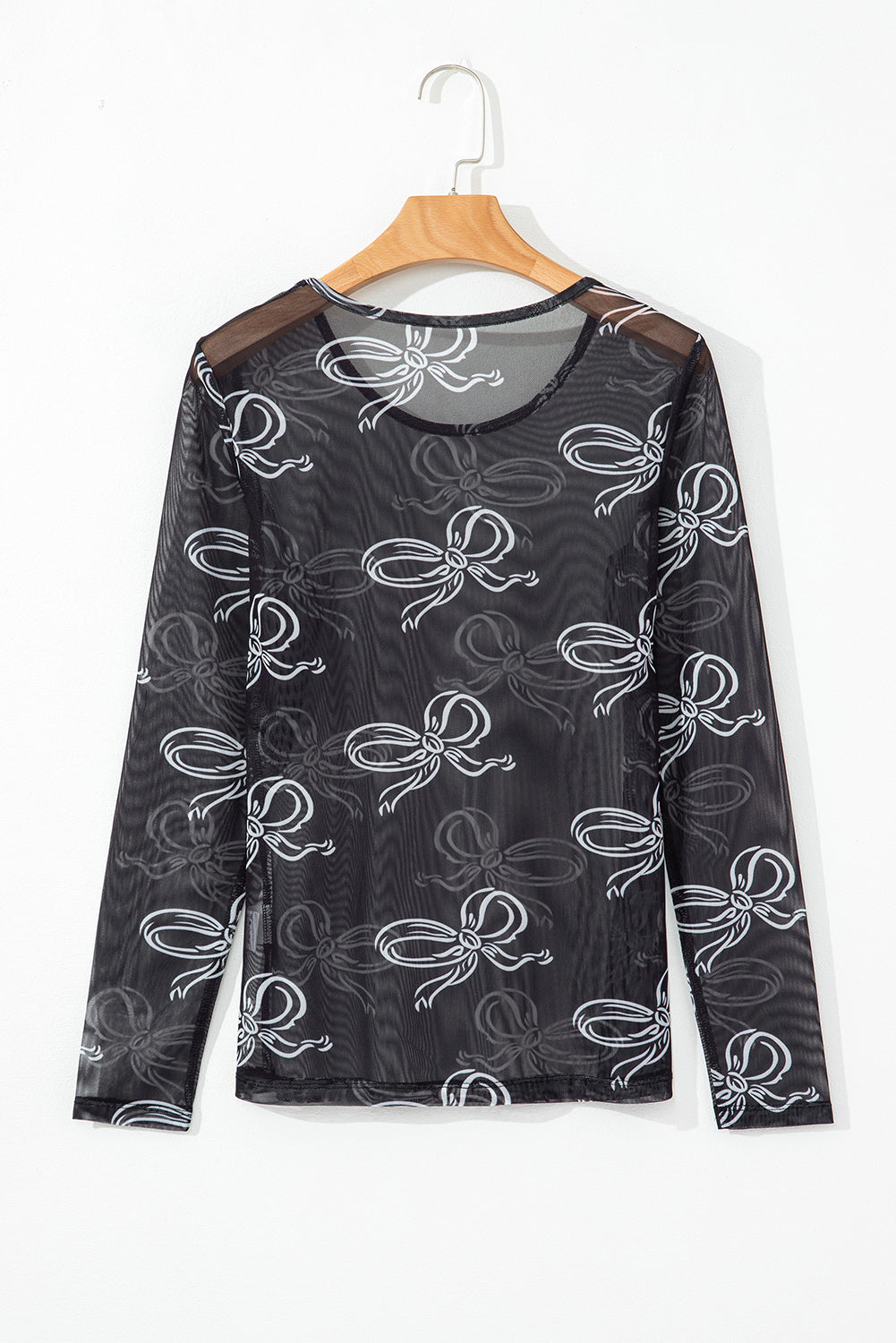 Black Round Neck Bow Print Long Sleeve Mesh Top eAura