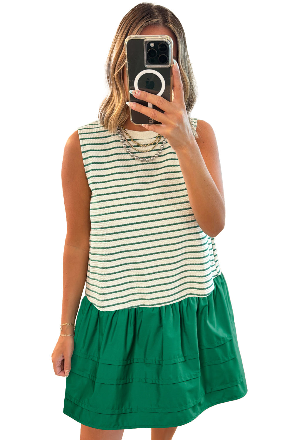 Green Stripe Woven Ruffled Sleeveless Mini Dress eAura