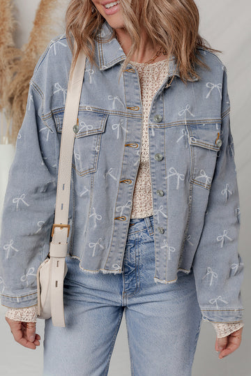 Sky Blue Bow Knot Print Light Wash Raw Hem Denim Jacket Dear-Lover Dropshipping