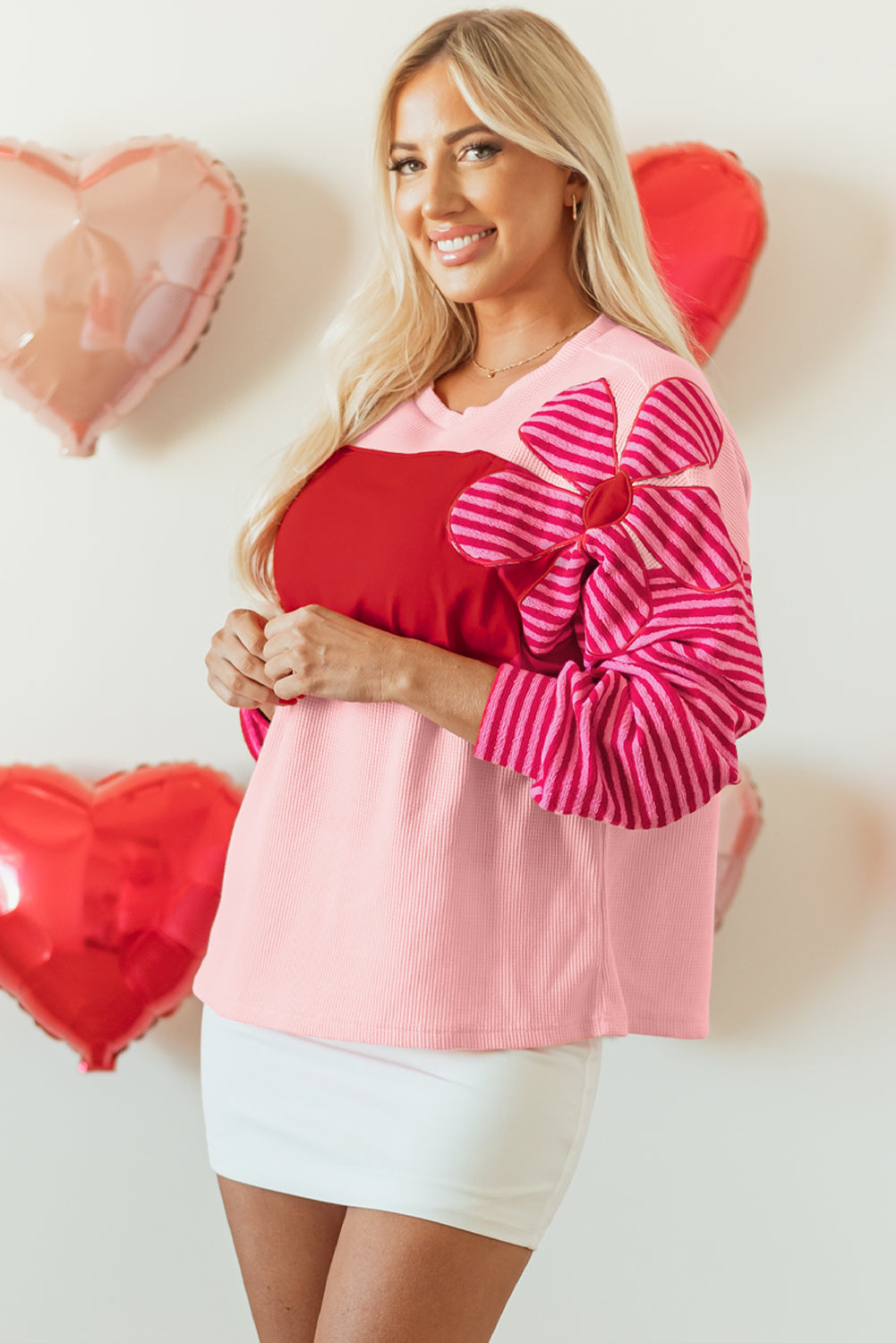 Pink Floral Patch Colour Block Striped Sleeve Textured Top eAura