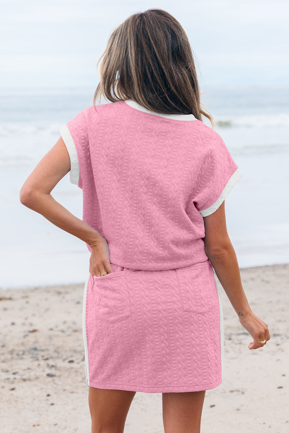 Pink Contrast Trim Textured Crewneck Tee and Pocketed Skirt Co-ord Set eAura