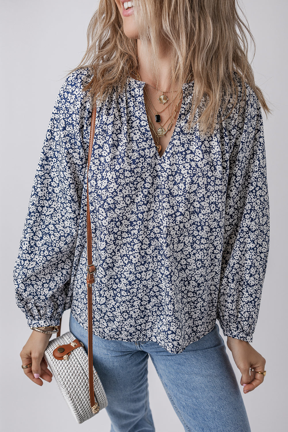 Blue Floral Print Notched V Neck Puff Sleeve Blouse eAura