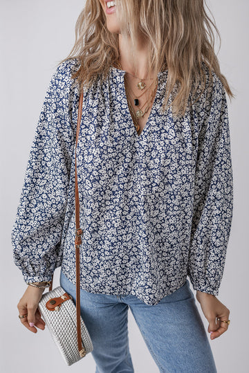 Blue Floral Print Notched V Neck Puff Sleeve Blouse eAura