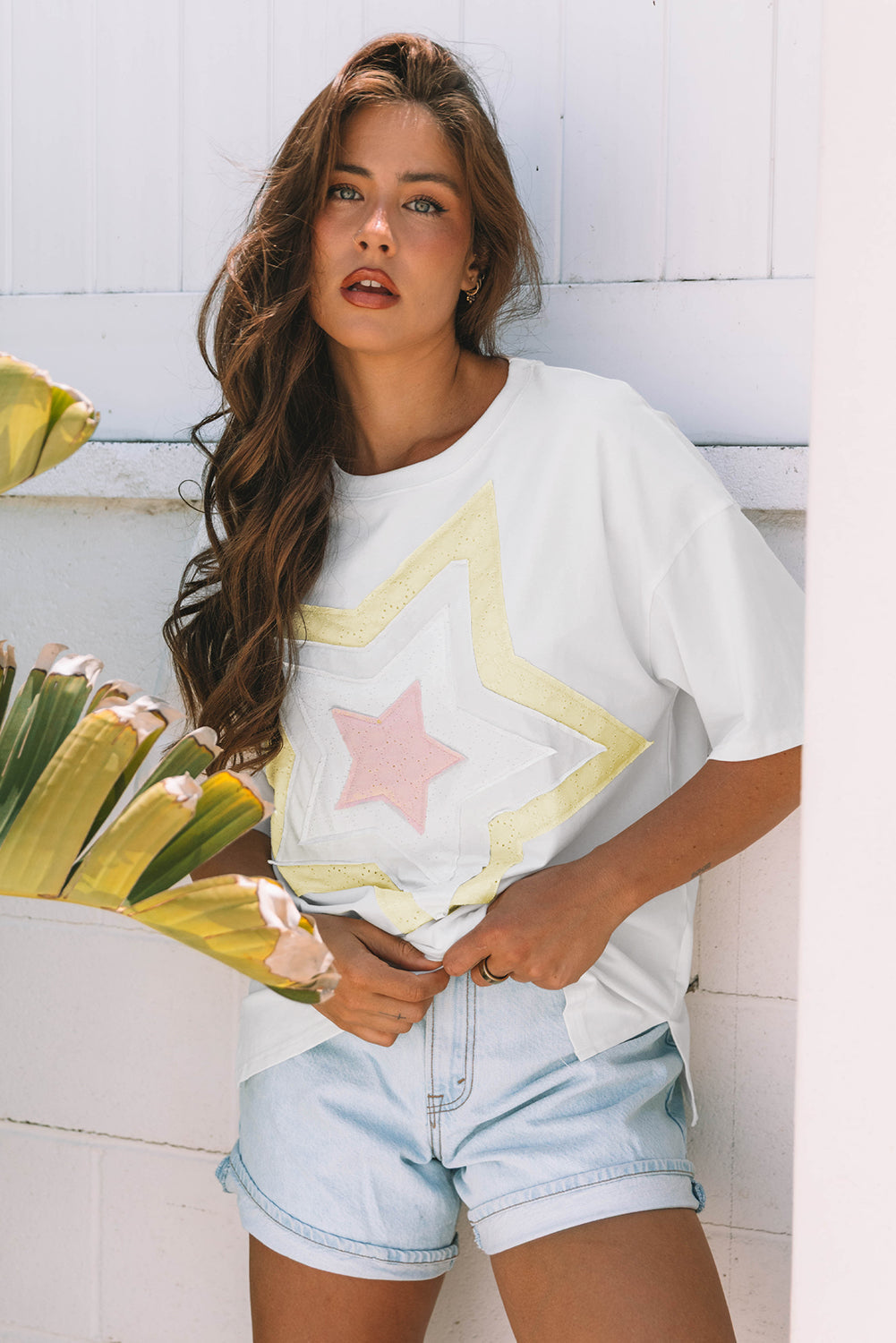 White Star Layered Patched Graphic Drop Shoulder Half Sleeve Loose Tee eAura