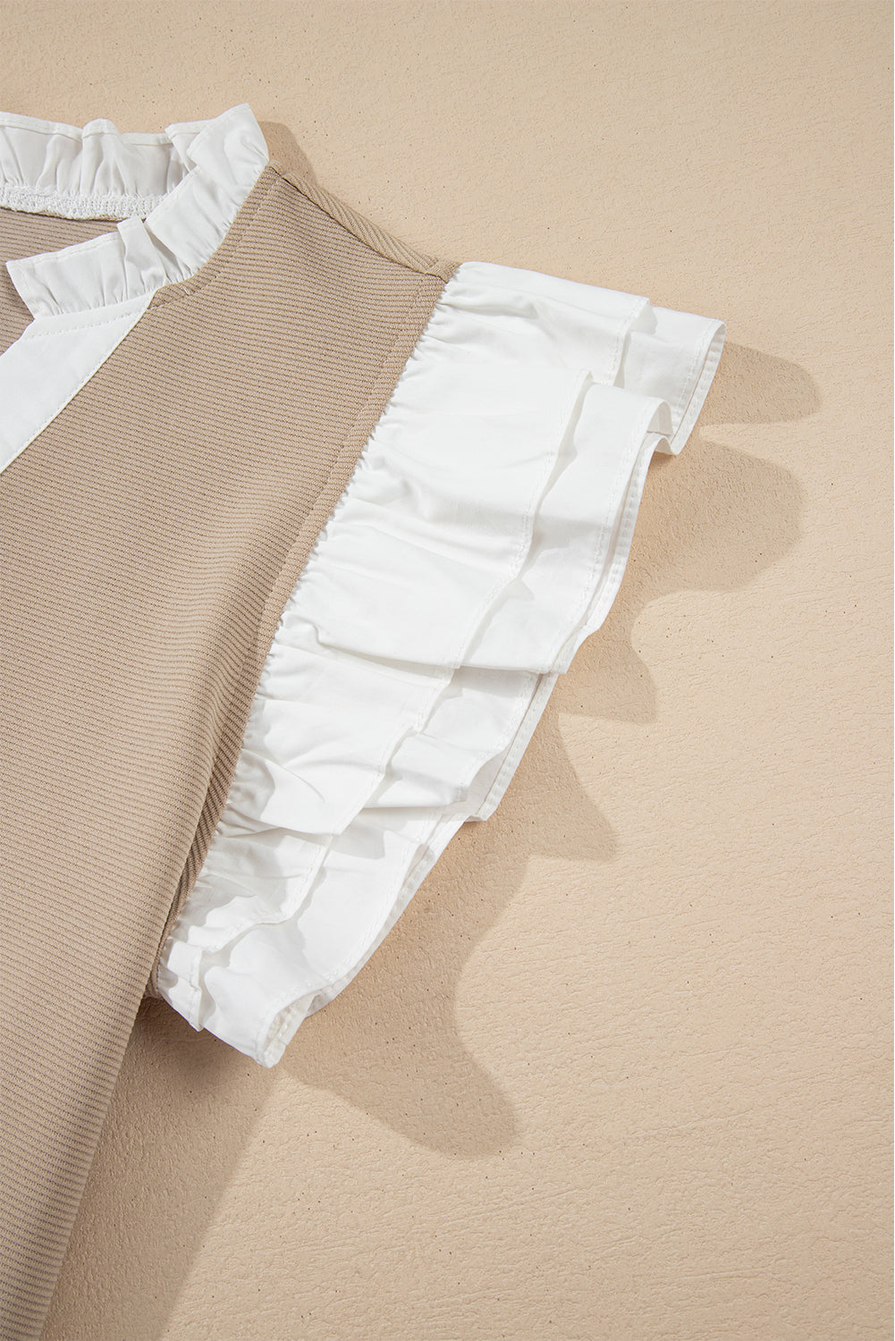 Pale Khaki Contrast V Neck Ruffled Textured Knit Top eAura