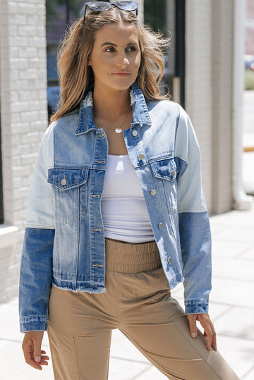 Sky Blue Colour Block Denim Patchwork Frayed Hem Jacket Beagle Boutique Fashion Outlet
