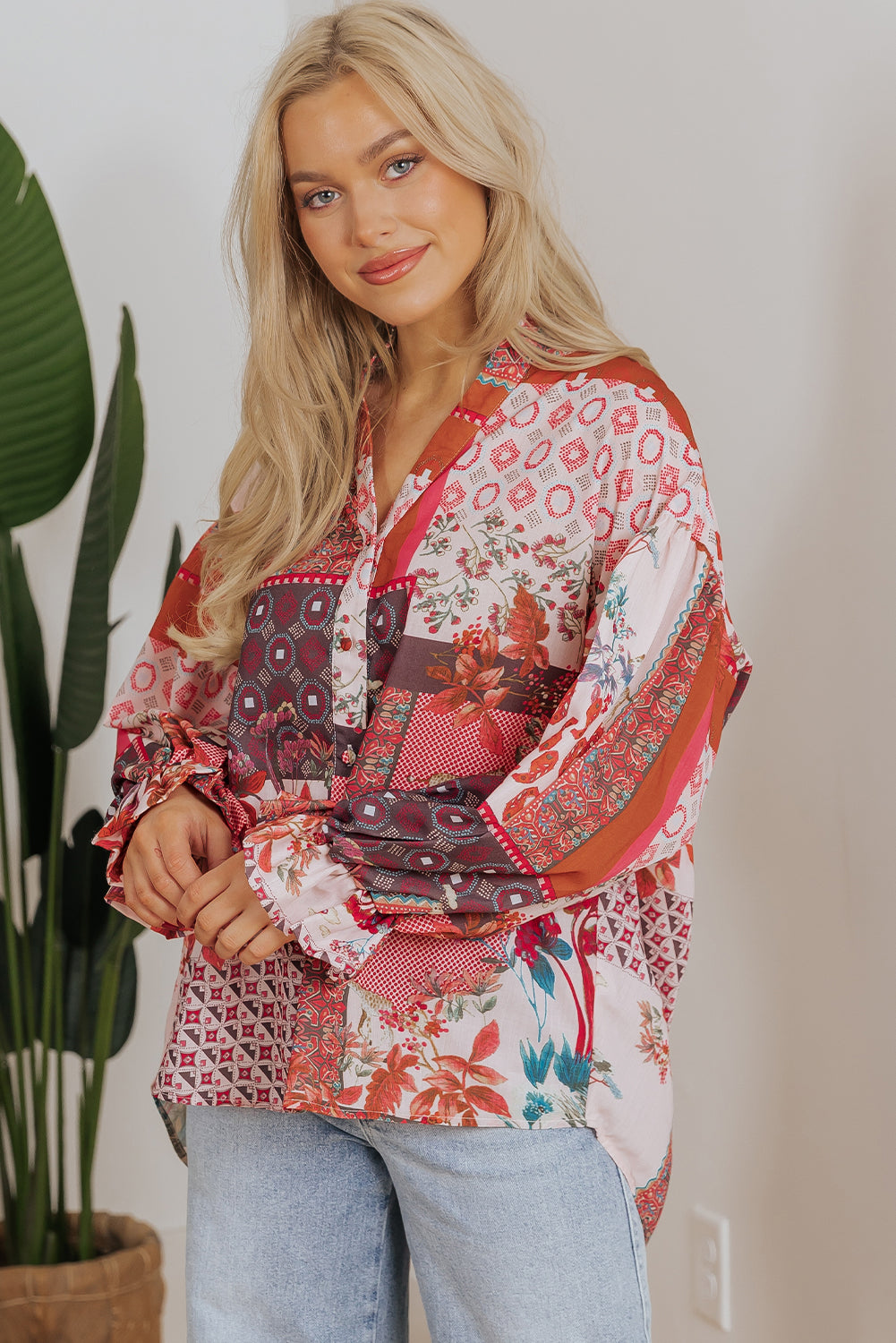 Red Boho Geometric Mixed Print Patchwork Bubble Sleeve Shirt eAura