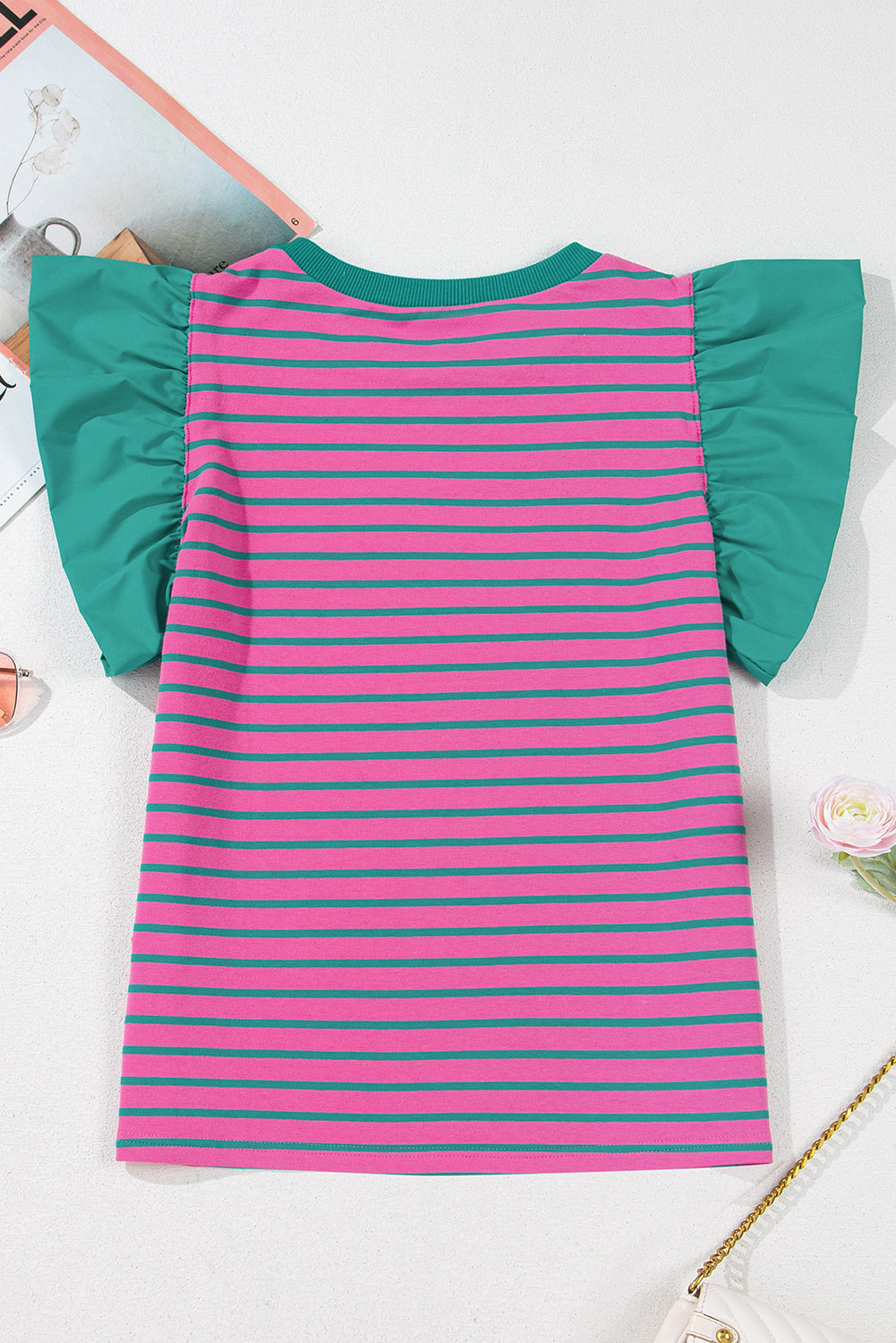 Pink Stripe Colourblock Ruffled Sleeve Crew Neck Blouse eAura