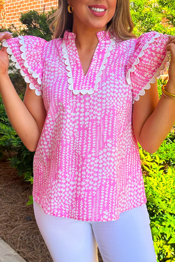 Pink Abstract Print Ric Rac Trim Flutter Sleeve Notch V Neck Blouse eAura