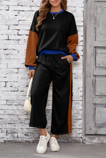 Chestnut 2pcs Color Block Pullover Loose Pant Set Dear-Lover Dropshipping
