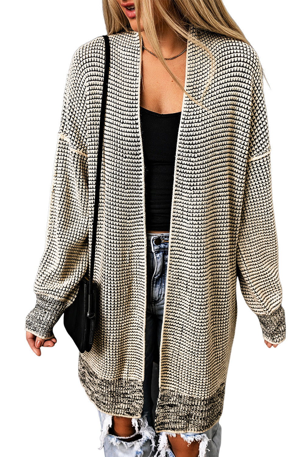 Apricot Plaid Knitted Long Open Front Cardigan eAura