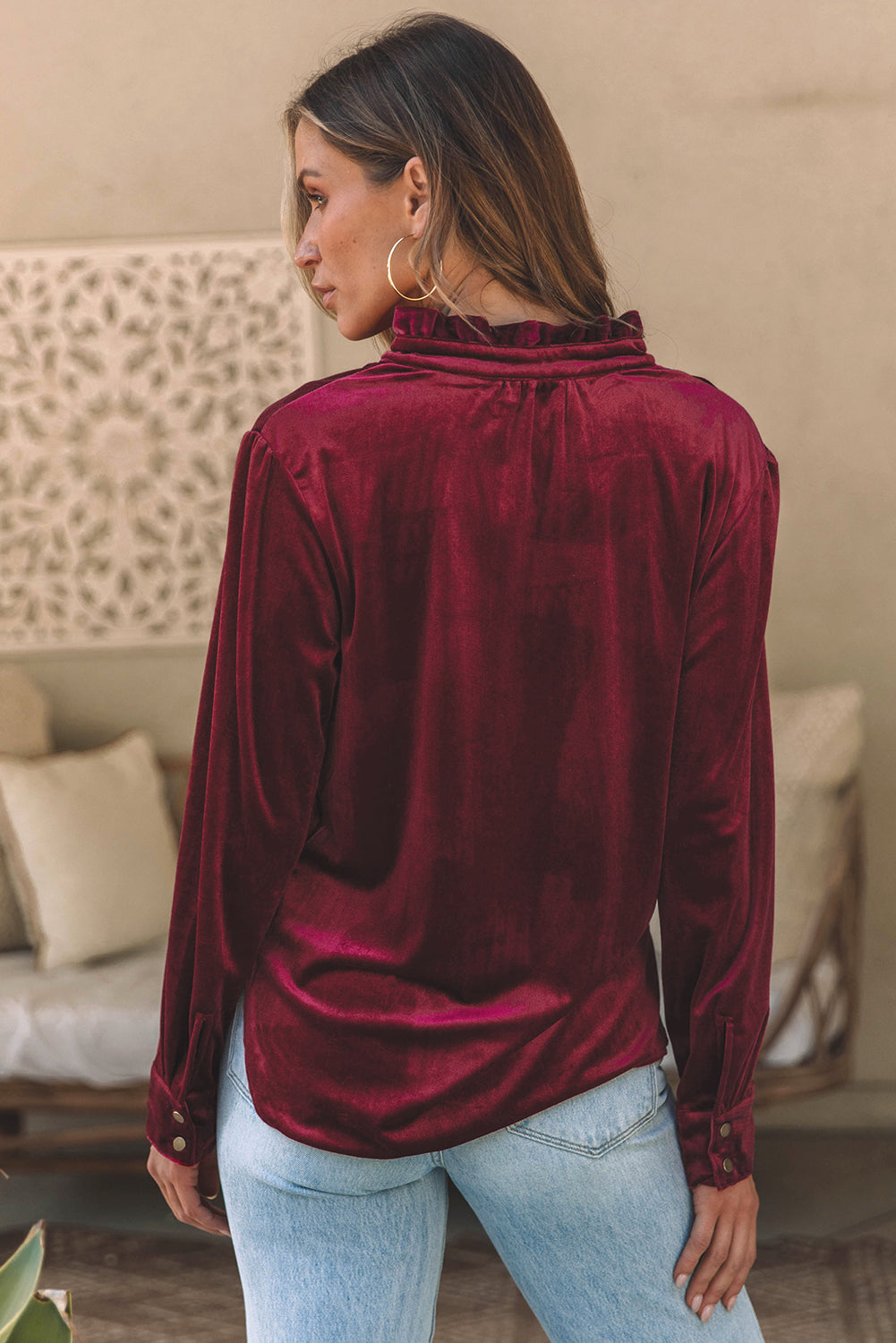 Burgundy Frilled Neck Buttoned Front Velvet Top eAura