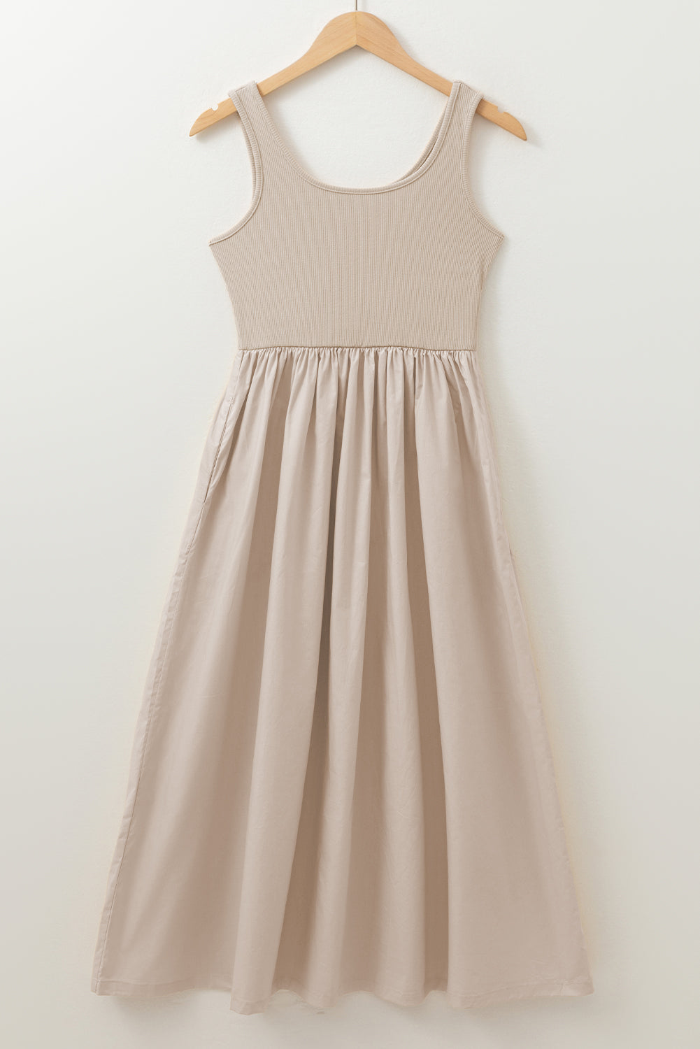 Beige Scoop Neck Ribbed Bodice Pleated Sleeveless Long Dress eAura