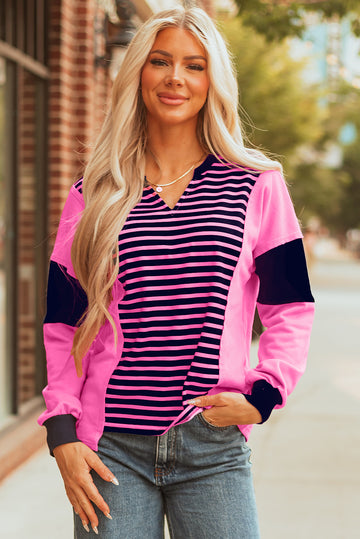Pink Stripe V-Neck Loose Fit Long Sleeve Top - eAura
