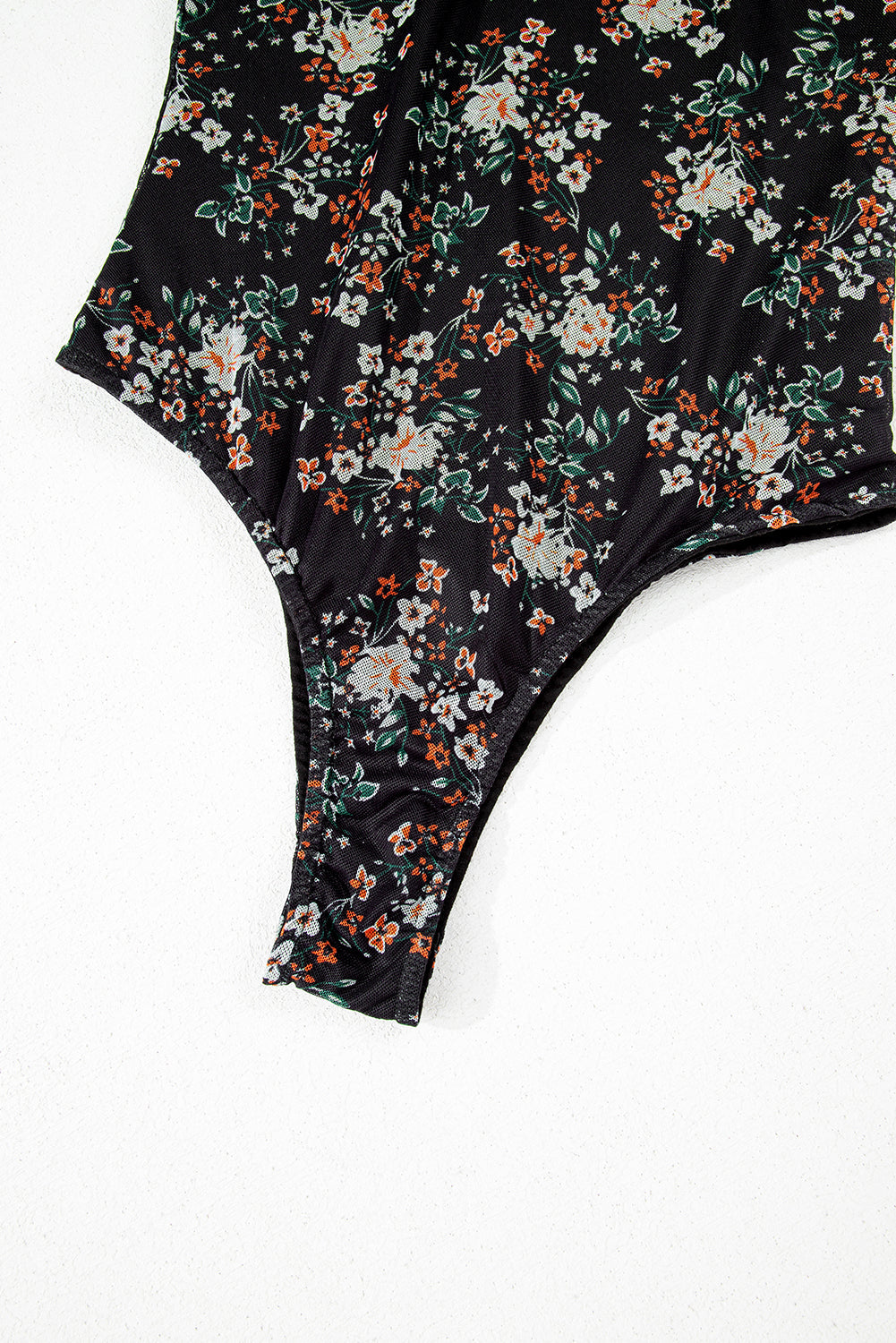 Black Floral Print U Neck Short Puff Sleeve Bodysuit eAura