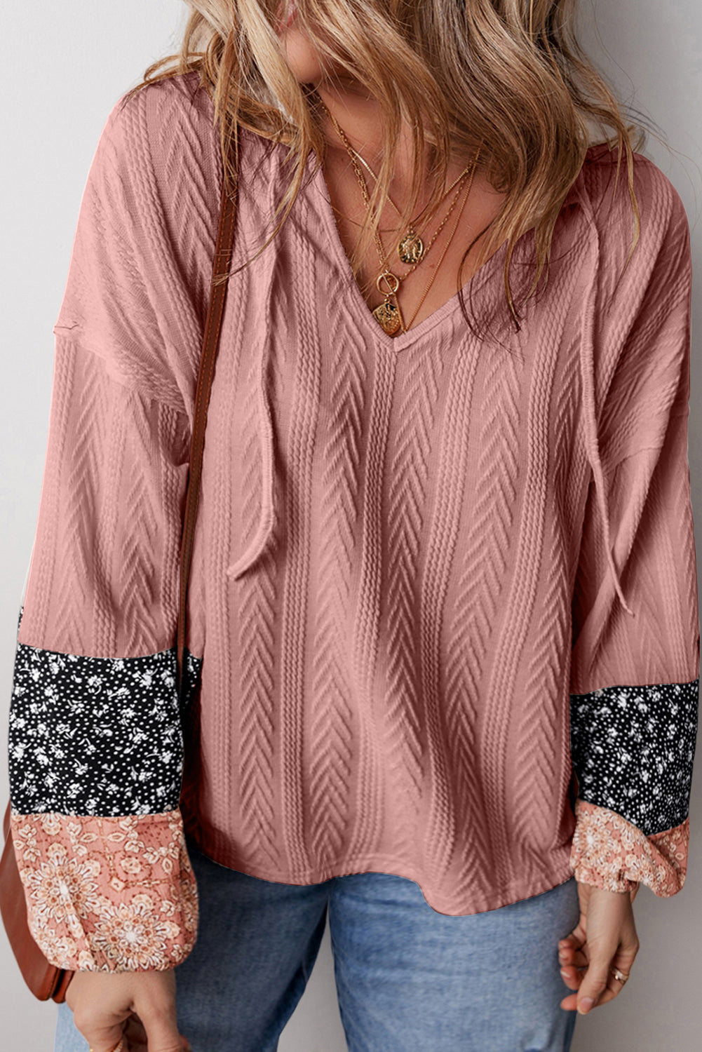 Dusty Pink Floral Patchwork Textured Knit Drawstring V Neck Blouse eAura