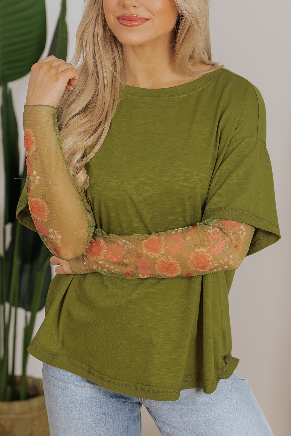 Fern Green Faux Two Piece Floral Long Sleeve Patchwork Tee eAura