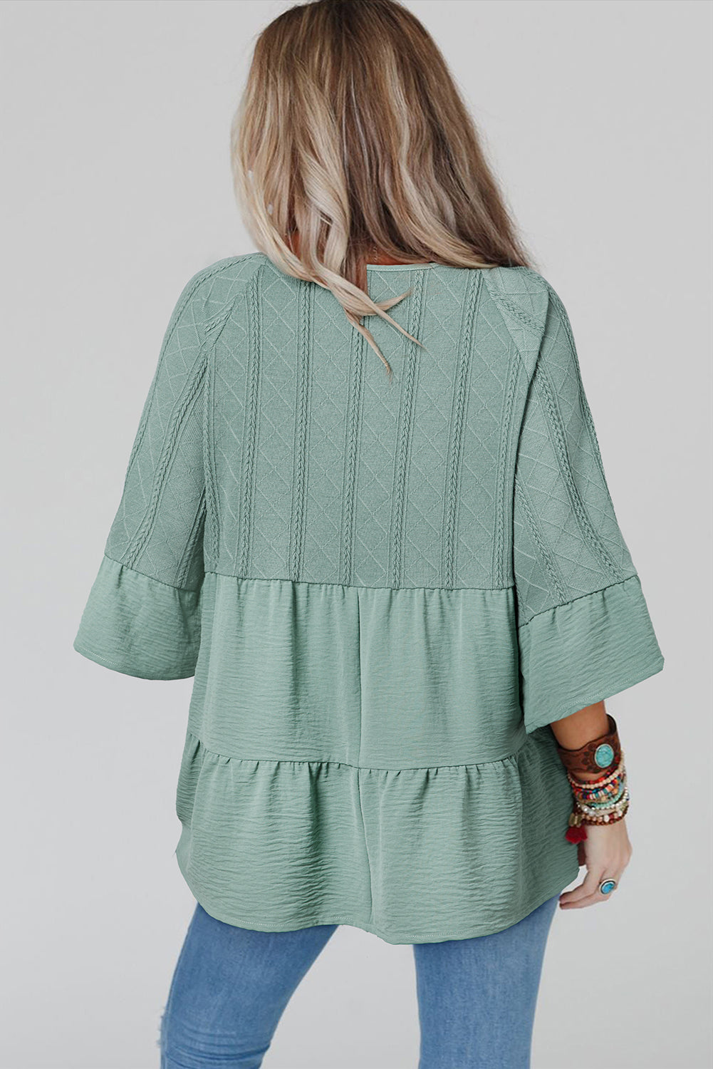 Laurel Green Tie Split Neck Textured Ruffle Patchwork Blouse eAura