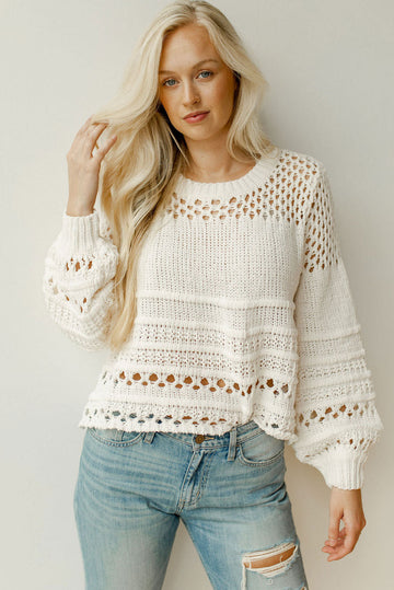 White Solid Colour Pointelle Knit Puff Sleeve Sweater eAura