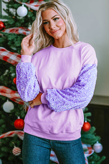 Orchid Petal Sequin Patchwork Long Sleeve Pullover Top eAura