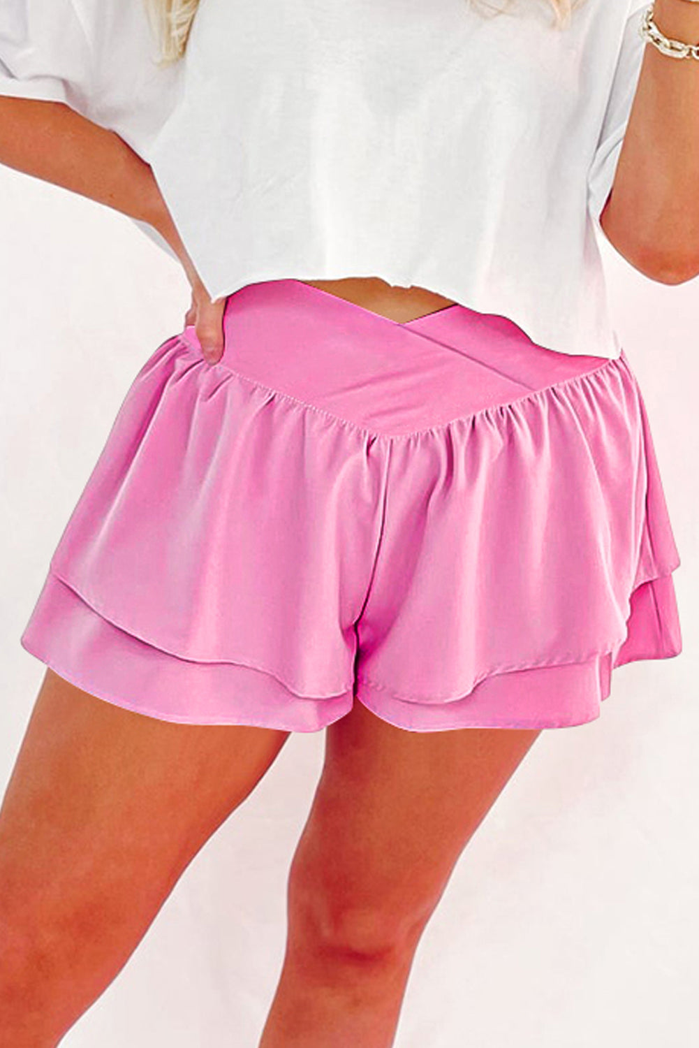 Bright Pink Crossed Waist Tiered Flowy Shorts eAura