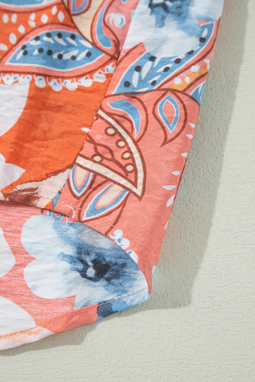 Orange Floral Print Shirred Cuff Buttoned Loose Shirt eAura