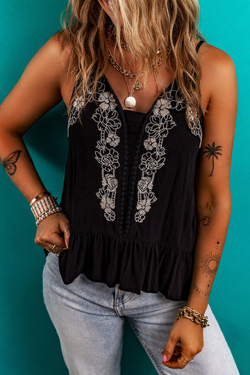 Black Floral Embroidery Ruffled Spaghetti Straps Tank Top eAura