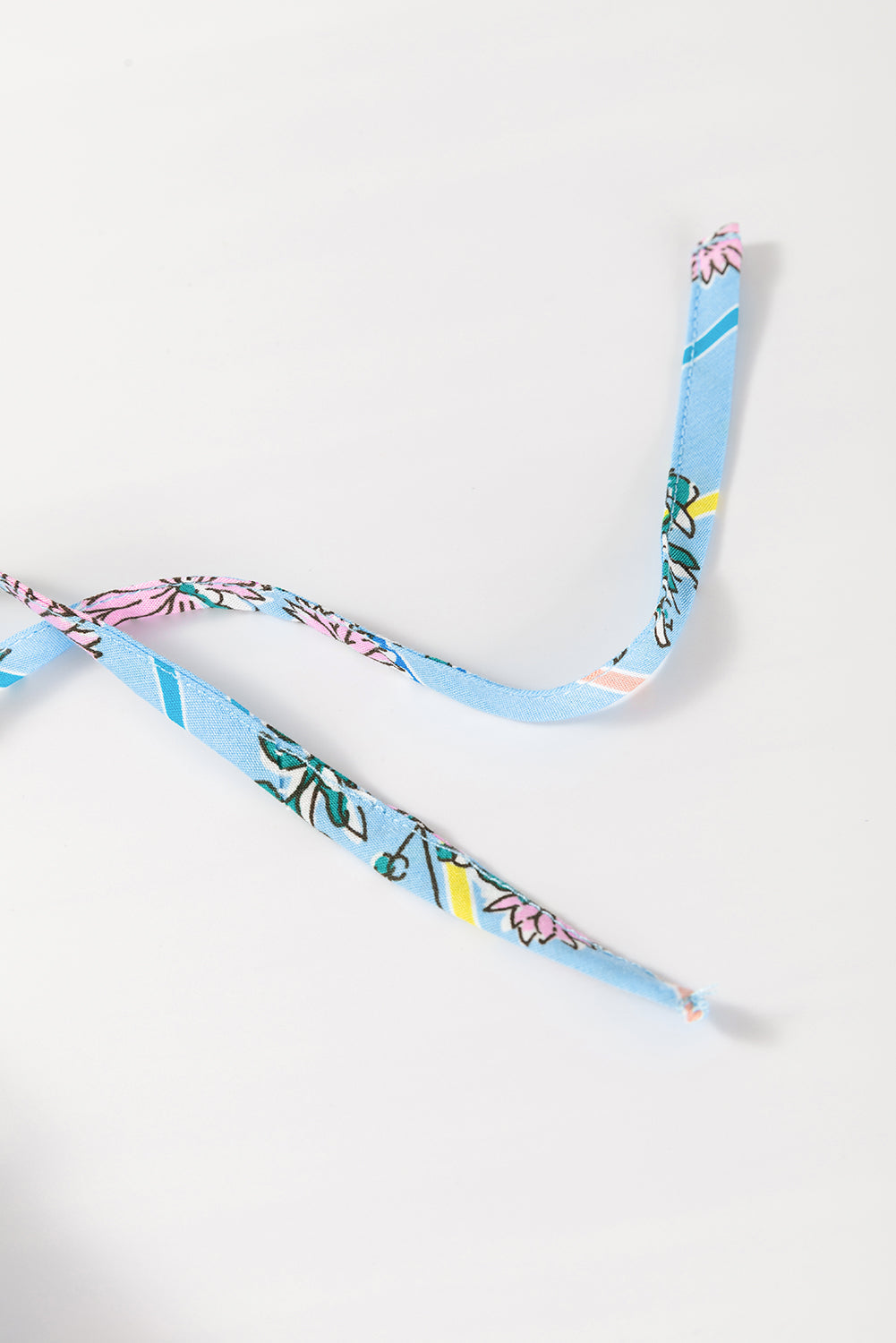 Sky Blue Floral Striped Print Tie Shirred Splie Neck Blouse eAura