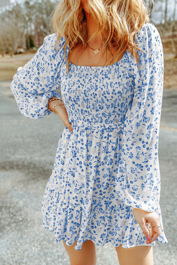 Pear Green Boho Floral Smocked Puff Sleeve Mini Dress eAura